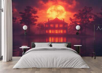 A hauntingly beautiful scene featuring a silhouette of a house against a vibrant sunset over a calm lake with misty reflections. Wall mural