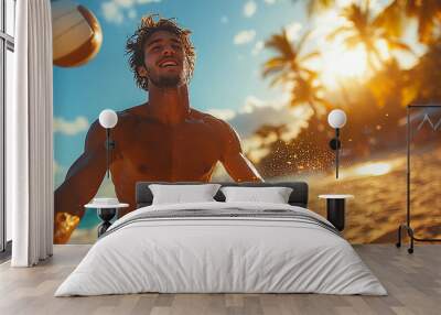 A joyful young man playing beach volleyball at sunset, showcasing active lifestyle and vibrant atmosphere in a tropical paradise. Wall mural