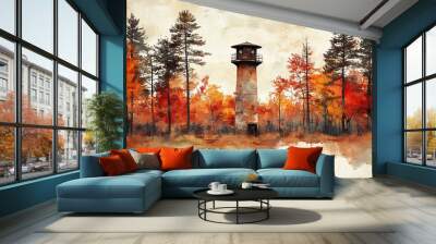 A serene autumn landscape featuring a watchtower surrounded by vibrant orange and yellow foliage, creating a tranquil atmosphere. Wall mural