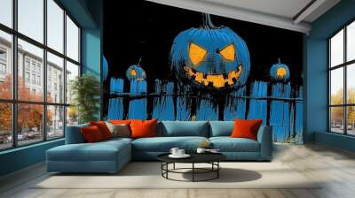 A spooky Halloween scene featuring glowing pumpkins with mischievous faces against a dark background. Perfect for festive decor. Wall mural