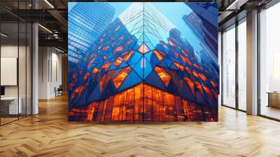 A striking modern building featuring a unique glass facade, illuminated by warm orange light against a misty urban backdrop. Wall mural