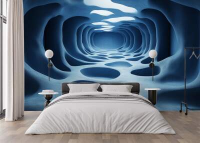 A surreal blue tunnel with abstract shapes and lighting, evoking mystery and exploration in a futuristic environment. Wall mural