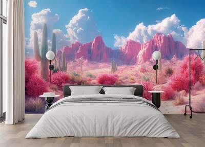 A vibrant desert landscape featuring pink mountains and lush flora under a bright blue sky with fluffy clouds. Wall mural