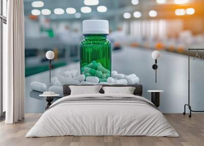 A vibrant green bottle filled with capsules on a pharmaceutical production table, showcasing the essence of healthcare and medication. Wall mural