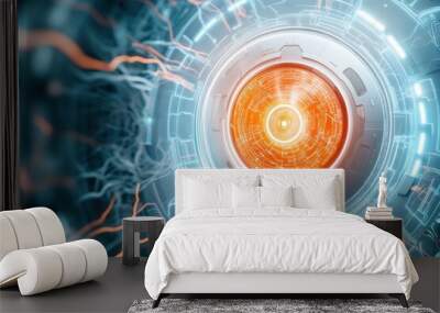 Abstract digital technology background featuring a glowing circular element with vibrant lines and electric patterns. Wall mural