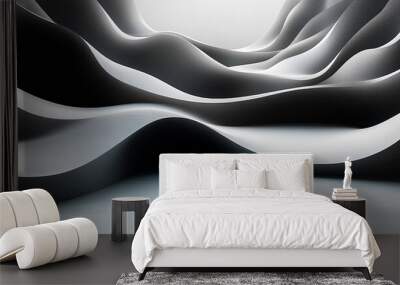 Abstract wavy structure in black and white, creating a surreal and modern atmosphere with soft lighting and flowing lines. Wall mural