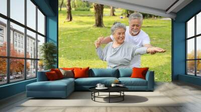 Asian senior couple practice yoga excercise, tai chi tranining, stretching and meditation together with relaxation for healthy in park outdoor after retirement. Happy elderly outdoor lifestyle concept Wall mural