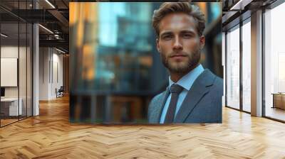 Confident business man in a suit standing outdoors with modern architecture in the background, showcasing professionalism and style. Wall mural