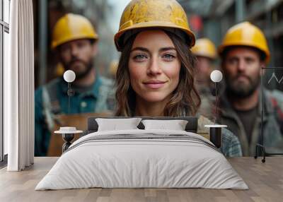 Confident female worker with hard hat, smiling in a construction site. Strong teamwork and dedication in the industrial sector. Wall mural