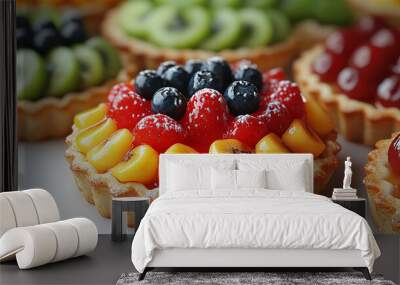 Delicious fruit tart showcasing vibrant colors, topped with fresh berries and tropical fruits, perfect for dessert lovers. Wall mural