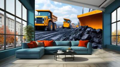 Heavy machinery loading coal in a mining site under a bright sky, showcasing industrial work and equipment in action. Wall mural