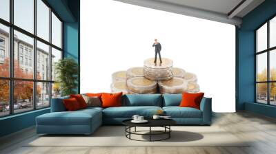 Miniature people: businessman standing on stacking coins , Financial and Business competition concept using as background Wall mural