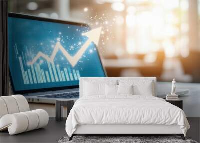 Modern laptop displaying increasing graph trends, symbolizing growth and success in business and technology. Wall mural