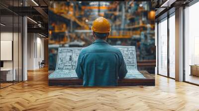 Professional engineer with a safety helmet intently checking complex blueprints at an industrial manufacturing plant. Wall mural