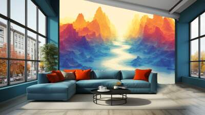 Stunning landscape featuring vibrant mountains and a winding river, showcasing a blend of warm and cool colors in nature. Wall mural