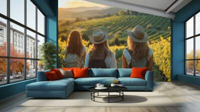 Three friends explore a scenic vineyard at sunset, enjoying nature's beauty and the warmth of friendship. Wall mural