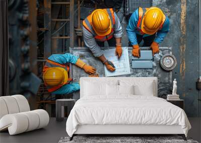 Top view of a group of construction workers with hard hats examining blueprints at an industrial site. Wall mural