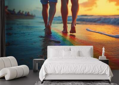 Two friends walking barefoot on a beach at sunset, leaving footprints on a vibrant rainbow path, capturing joy and connection. Wall mural