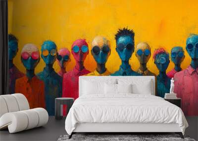 Vibrant abstract art featuring colorful humanoid figures against a bright yellow background, showcasing modern creativity and expression. Wall mural