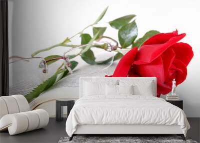 book and red rose with glasses on pages of book on white backgro Wall mural