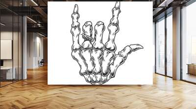 hand skeleton with love ring line art vintage tattoo or print design vector illustration. Wall mural