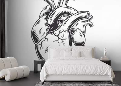 Human heart anatomically hand drawn line art. vintage Flash tattoo or print design vector illustration. Wall mural