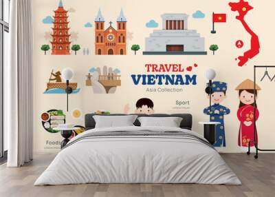 Travel Vietnam flat icons set. Vietnamese element icon map and landmarks symbols and objects collection. vector illustration. Wall mural