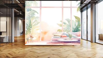 Modern interior with acoustic guitar and sofa. 
exotic scenery. Interior illustration in pastel toned watercolor style. Wall mural