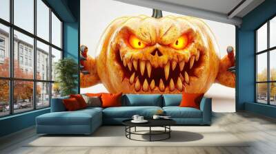 3d render pumpkin with scary face jack o lantern character with green monster zombie hands halloween clip art isolate3d on transparent background Wall mural