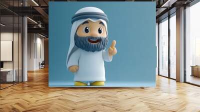 3d rendering cartoon character arab man with beard wears traditional white clothes shows index finger up business clip art isolate3d on light blue background Wall mural