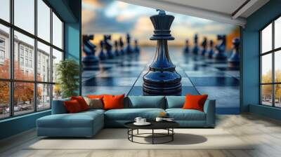 3d rendering chess game black and white pieces over the blue background black queen stands in the middle of the chessboard between two rows of pawns politics concept feminist leadership metaphor Wall mural