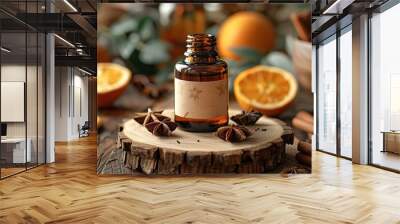 amber glass cosmetic bottle with blank label mockup on wooden platform with dry orange cinnamon sticks anise stars. Wall mural