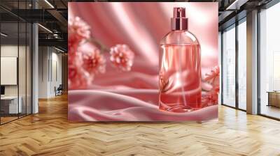 cosmetic bottle mockup with satin cloth on peach fuzz background. Wall mural