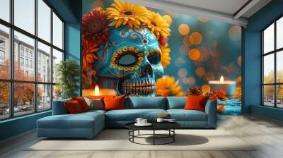 day of the dead dia de los muertos holiday background with sugar skull mask,candle on stone table. Wall mural