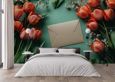 Flat lay of tulips and an envelope with a blank card on a green background for Mother's Day. Wall mural