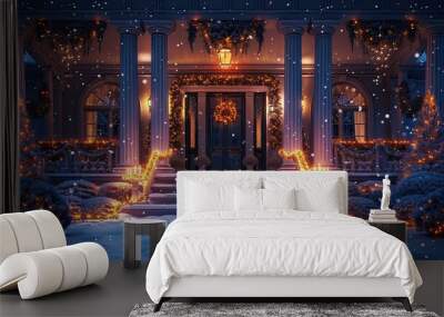 illuminated,decorated porch of american house winter holiday new year christmas concept generative ai. Wall mural