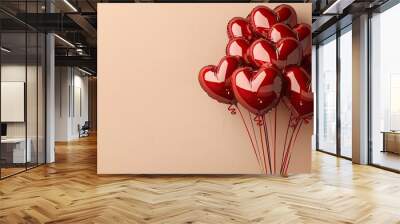 red heart shaped foil balloons on beige background valentines day banner design. Wall mural