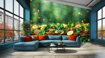 st patrick s day banner design with four leaf clover paper art gold coins confetti. Wall mural