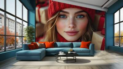 stylish woman standing confidently,a large pile of wrapped presents christmas shopping madness,large amount of purchases and winter retail rush season offers and sale christmas red outfit Wall mural