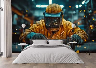 young man with protective mask welding in a factory Wall mural