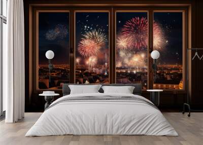 New years eve fireworks from a window of a room for online promotions in warm and happy mood Wall mural