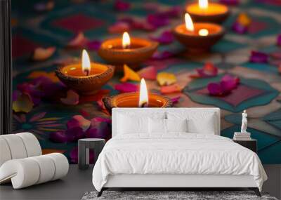 Celebrating Diwali festival, candles in temple with colorful background Wall mural