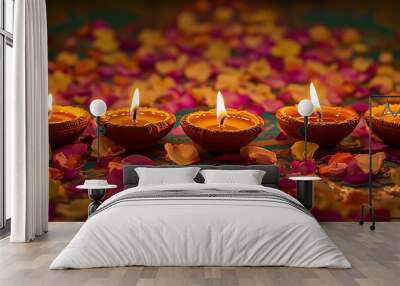 Celebrating Diwali festival, candles in temple with colorful background Wall mural