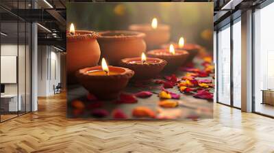 Celebrating Diwali festival, candles in temple with colorful background Wall mural