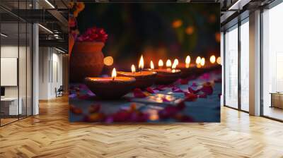 Celebrating Diwali festival, candles in temple with colorful background Wall mural