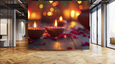 Celebrating Diwali festival, candles in temple with colorful background Wall mural