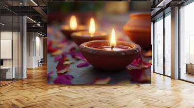 Celebrating Diwali festival, candles in temple with colorful background Wall mural