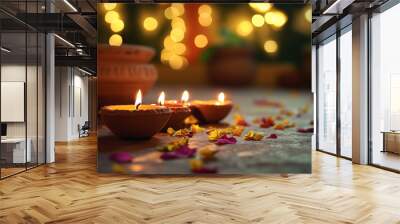 Celebrating Diwali festival, candles in temple with colorful background Wall mural