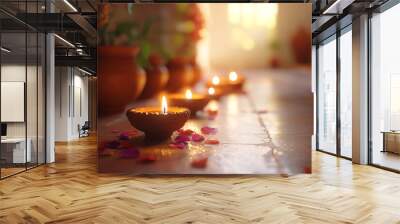 Celebrating Diwali festival, candles in temple with colorful background Wall mural