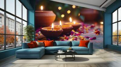 Celebrating Diwali festival, candles in temple with colorful background Wall mural